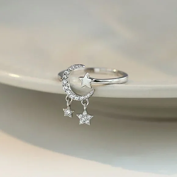 925 Sterling Silver Dangle Moon & Star Ring Minimalist Dainty Celestial … - Picture 6 of 7